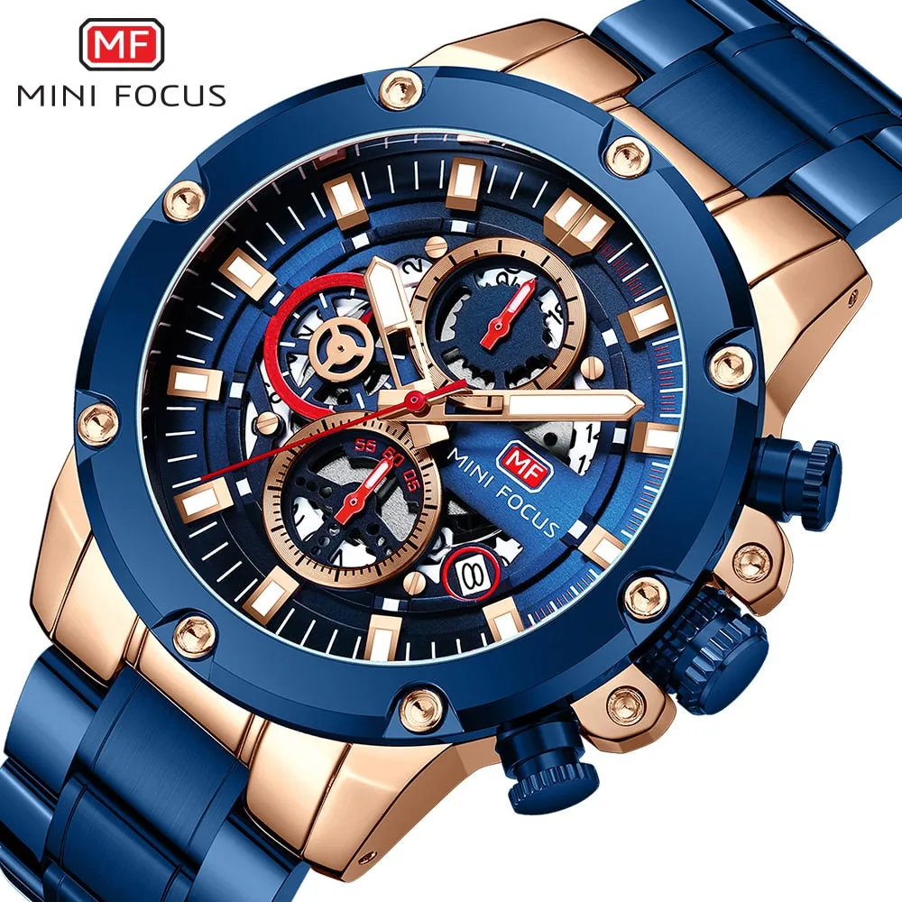 MINI FOCUS New Sports Watch Men Top Luxury Brand Stainless Steel Waterproof Clocks Man Military Quartz WristWatch Montre Homme