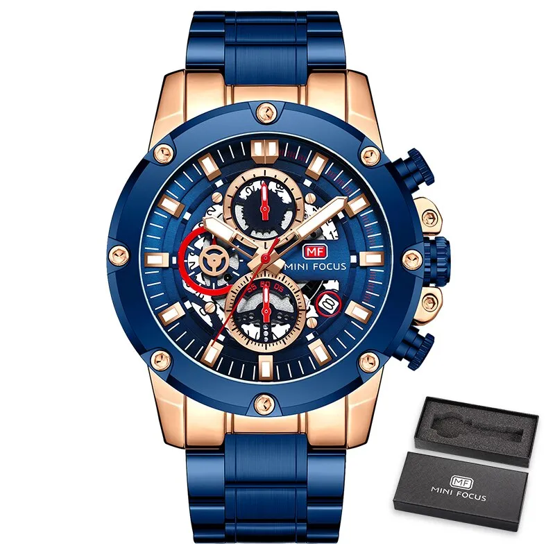 MINI FOCUS New Sports Watch Men Top Luxury Brand Stainless Steel Waterproof Clocks Man Military Quartz WristWatch Montre Homme