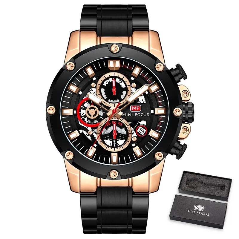 MINI FOCUS New Sports Watch Men Top Luxury Brand Stainless Steel Waterproof Clocks Man Military Quartz WristWatch Montre Homme