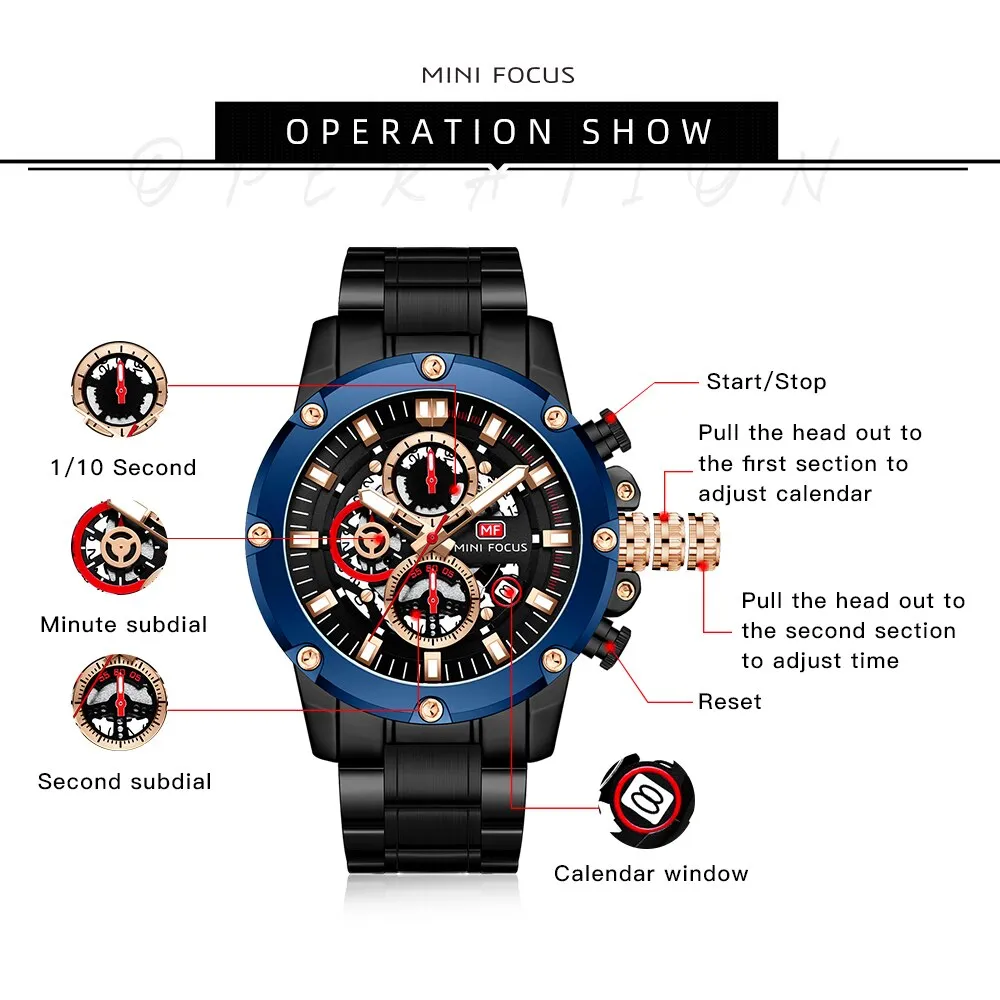 MINI FOCUS New Sports Watch Men Top Luxury Brand Stainless Steel Waterproof Clocks Man Military Quartz WristWatch Montre Homme
