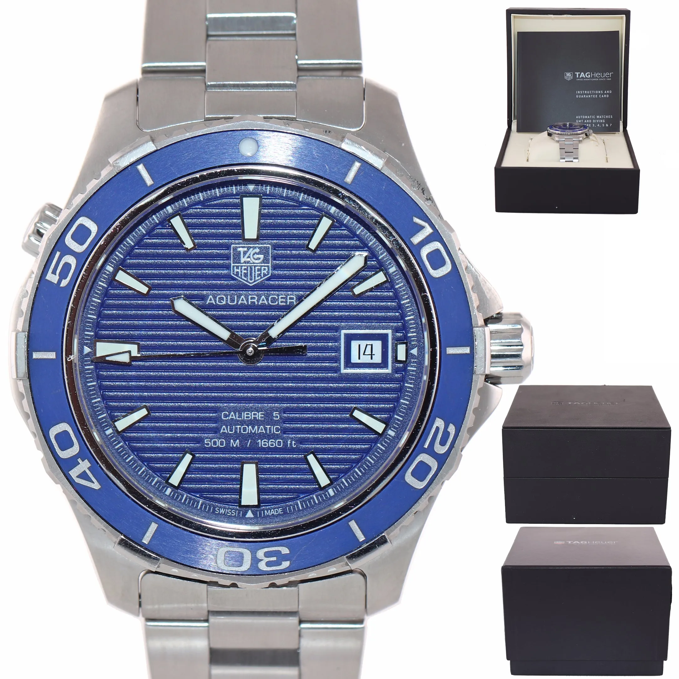 MINT Tag Heuer Aquaracer WAK2111 Steel Blue Automatic Date 41mm Dive Watch