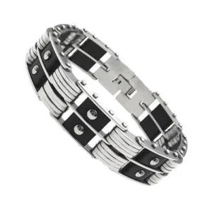 Modern Stainless Steel & Rubber 8.25" Link Bracelet with Embedded Studs.