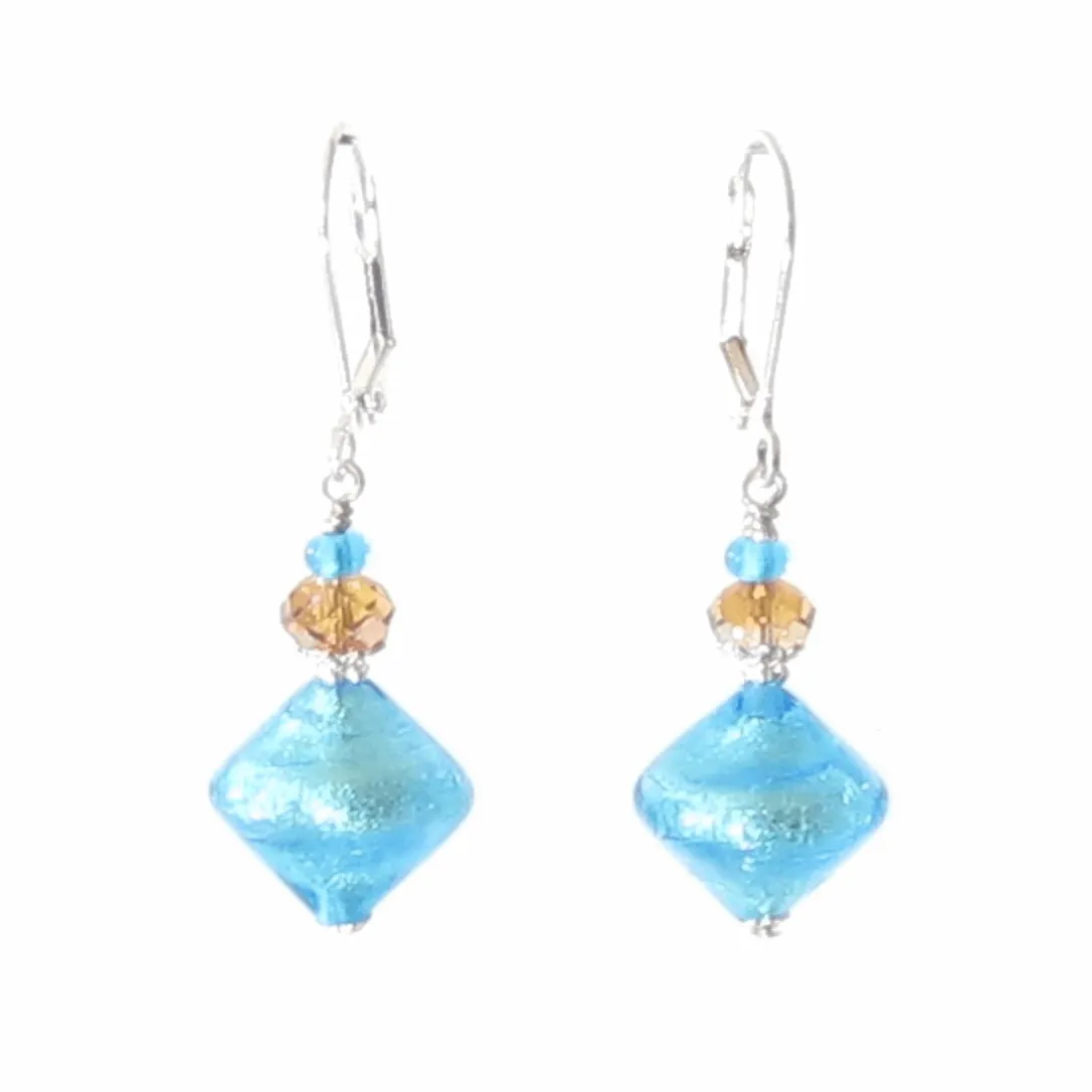 Murano Glass Aqua Topaz Bi-cone Silver Earrings