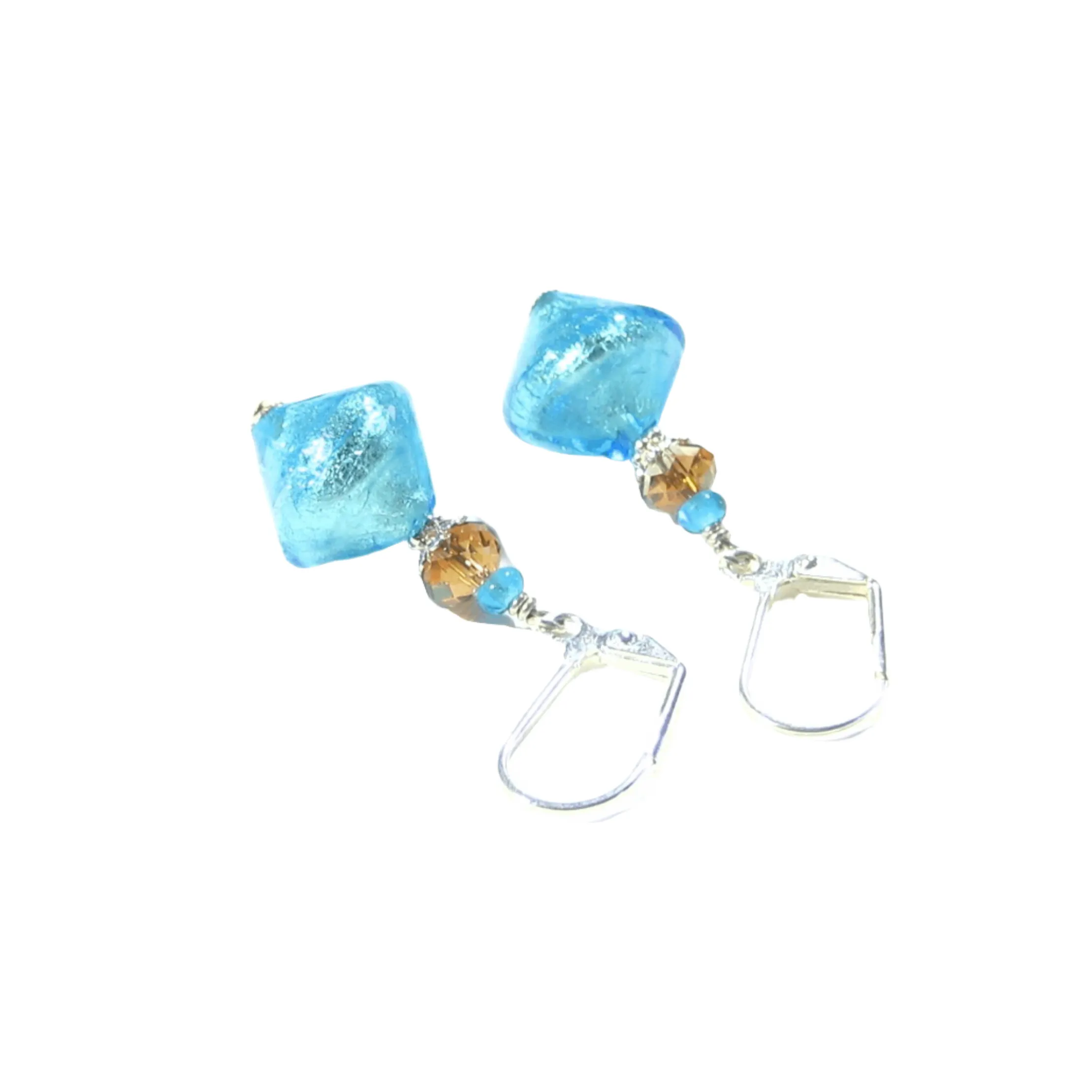Murano Glass Aqua Topaz Bi-cone Silver Earrings