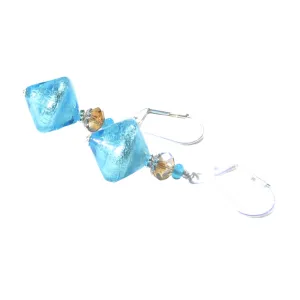 Murano Glass Aqua Topaz Bi-cone Silver Earrings