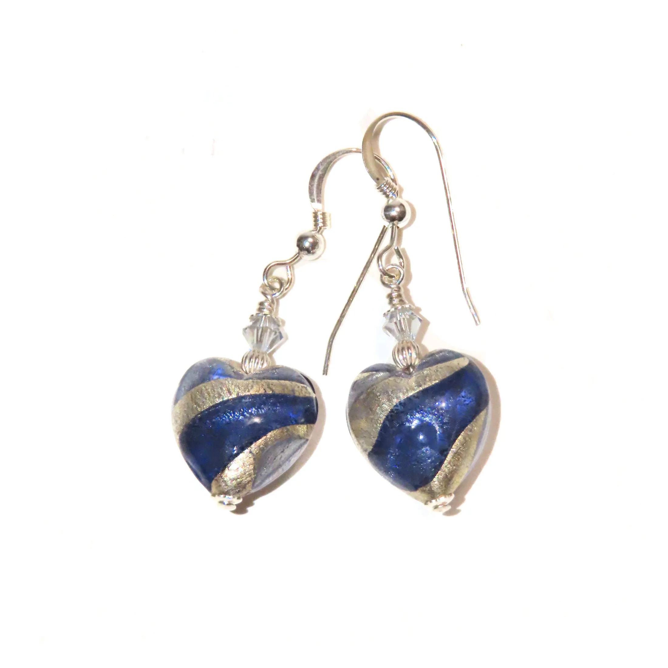 Murano Glass Dark Blue Swirl Heart Silver Earrings