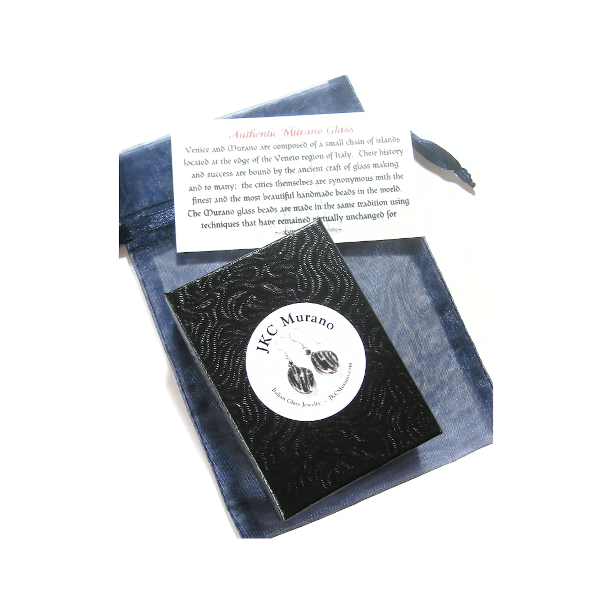 Murano Glass Dark Blue Swirl Heart Silver Earrings
