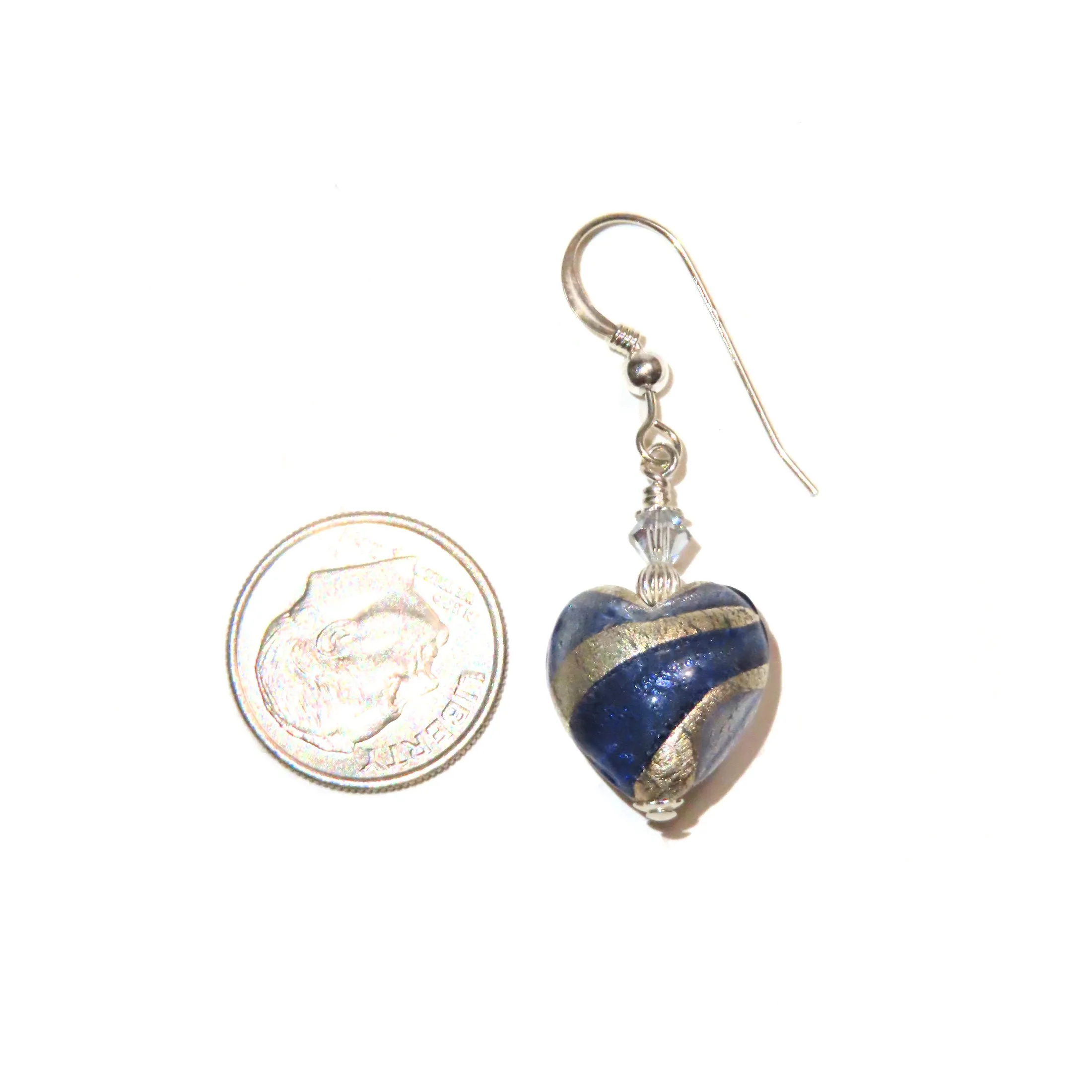 Murano Glass Dark Blue Swirl Heart Silver Earrings