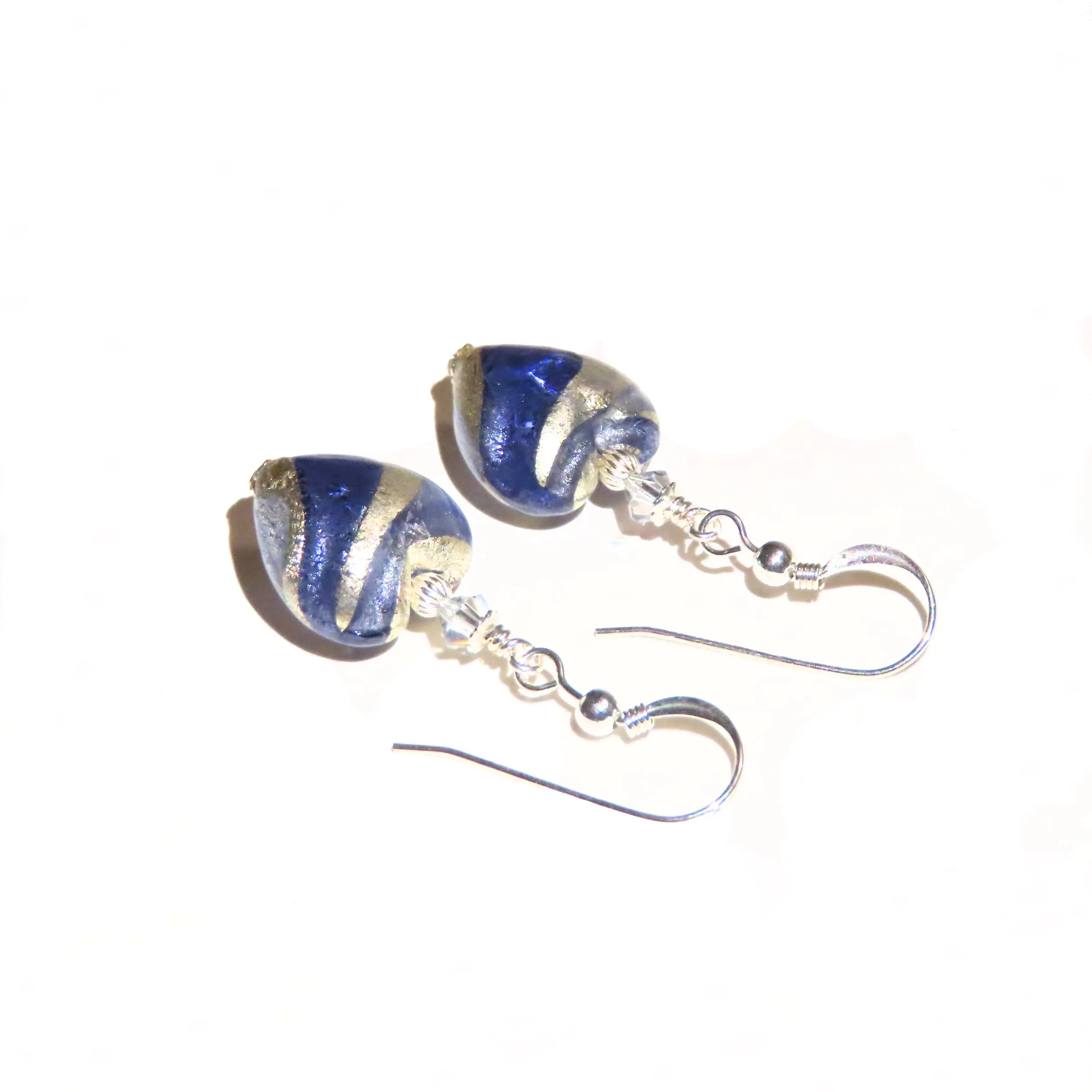 Murano Glass Dark Blue Swirl Heart Silver Earrings