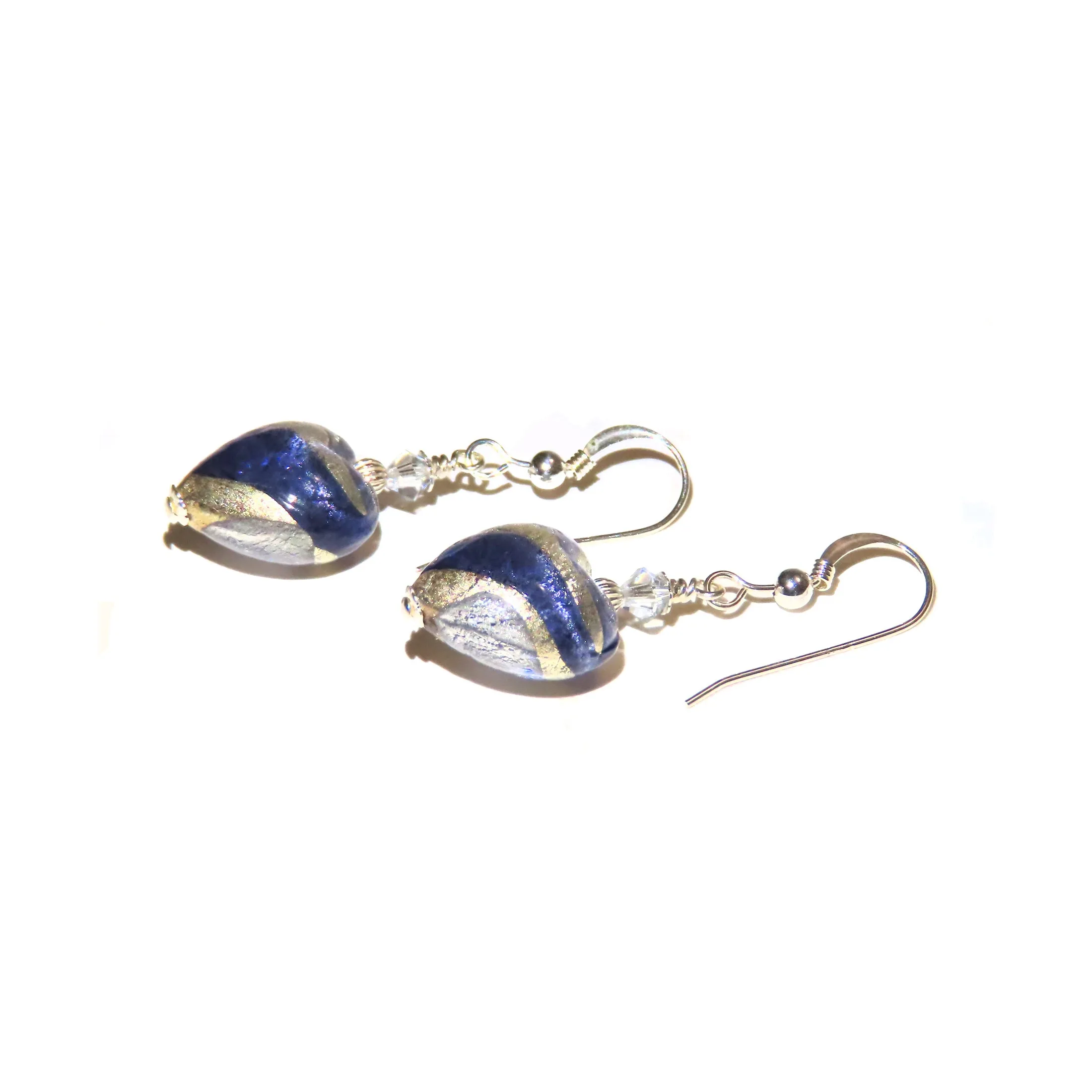 Murano Glass Dark Blue Swirl Heart Silver Earrings
