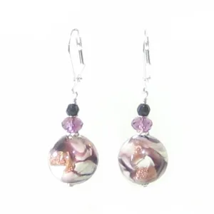 Murano Glass Purple White Swirl Ball Sterling Silver Earrings