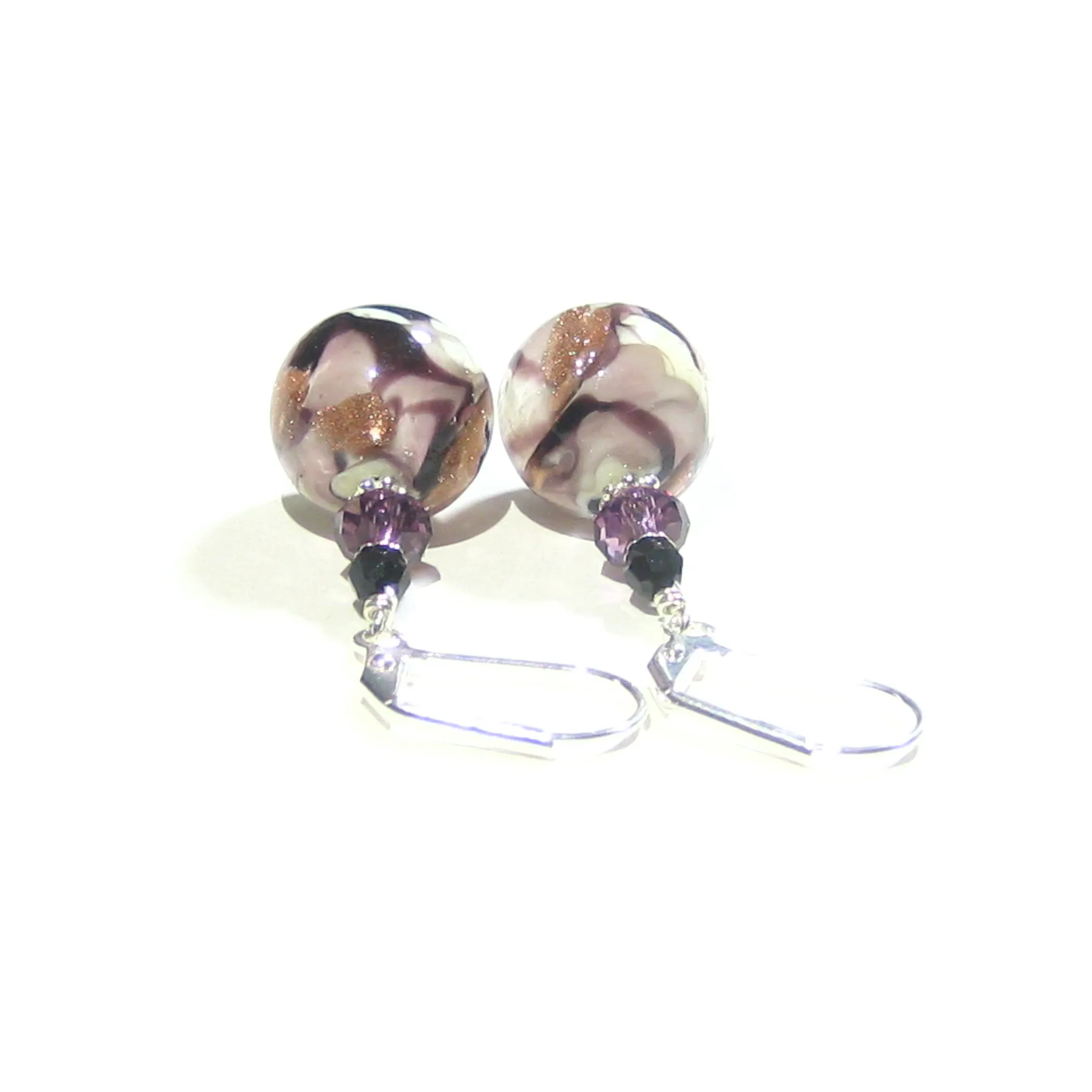 Murano Glass Purple White Swirl Ball Sterling Silver Earrings