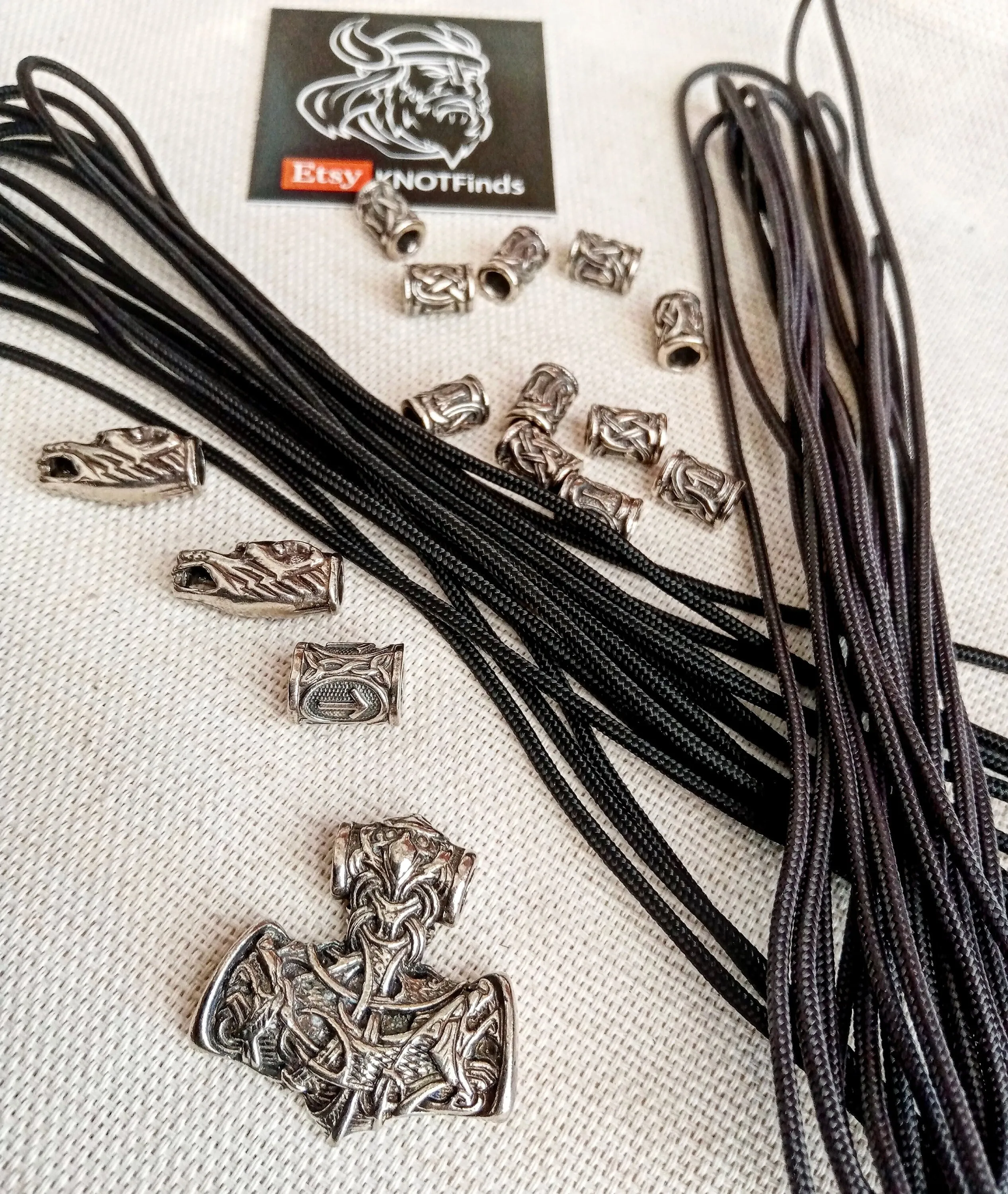 Necklace set. Runed beads, Thor's Hammer, black paracord 550. Set for weaving a necklace from paracord. DIY gift. Do it yourself.