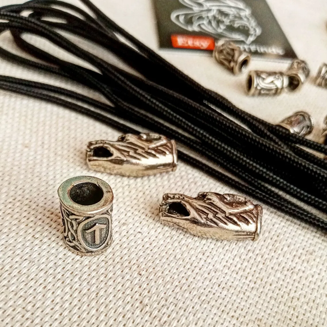 Necklace set. Runed beads, Thor's Hammer, black paracord 550. Set for weaving a necklace from paracord. DIY gift. Do it yourself.
