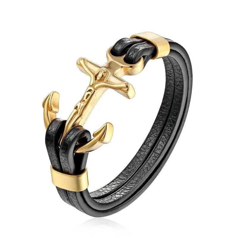 New Amazing Luxury For Men Bracelets Gold Leo Lion Stainless Steel Anchor Shackles Black Leather Elegant Bracelet For Men Wristband Fashion Jewelry