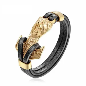 New Amazing Luxury For Men Bracelets Gold Leo Lion Stainless Steel Anchor Shackles Black Leather Elegant Bracelet For Men Wristband Fashion Jewelry