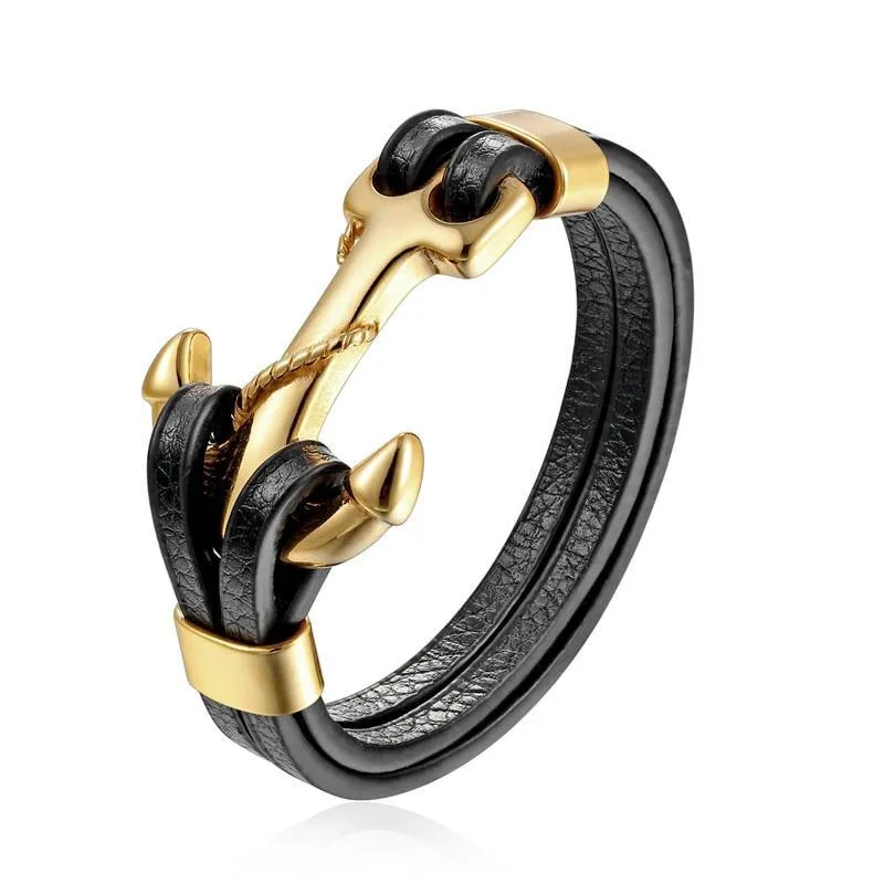 New Amazing Luxury For Men Bracelets Gold Leo Lion Stainless Steel Anchor Shackles Black Leather Elegant Bracelet For Men Wristband Fashion Jewelry