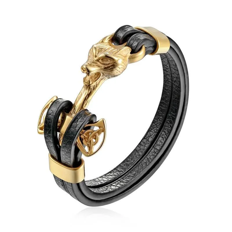 New Amazing Luxury For Men Bracelets Gold Leo Lion Stainless Steel Anchor Shackles Black Leather Elegant Bracelet For Men Wristband Fashion Jewelry