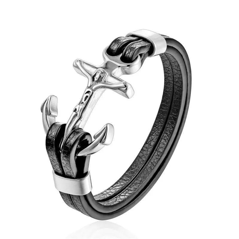 New Amazing Luxury For Men Bracelets Gold Leo Lion Stainless Steel Anchor Shackles Black Leather Elegant Bracelet For Men Wristband Fashion Jewelry