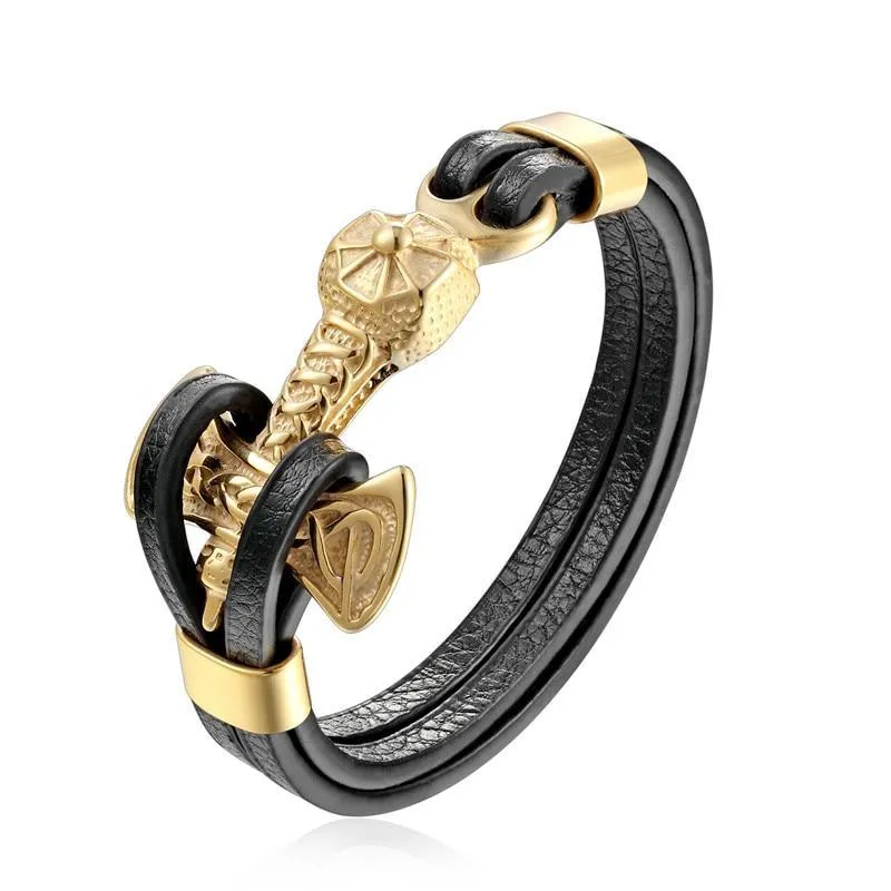 New Amazing Luxury For Men Bracelets Gold Leo Lion Stainless Steel Anchor Shackles Black Leather Elegant Bracelet For Men Wristband Fashion Jewelry