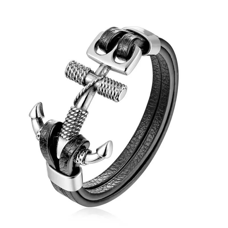 New Amazing Luxury For Men Bracelets Gold Leo Lion Stainless Steel Anchor Shackles Black Leather Elegant Bracelet For Men Wristband Fashion Jewelry