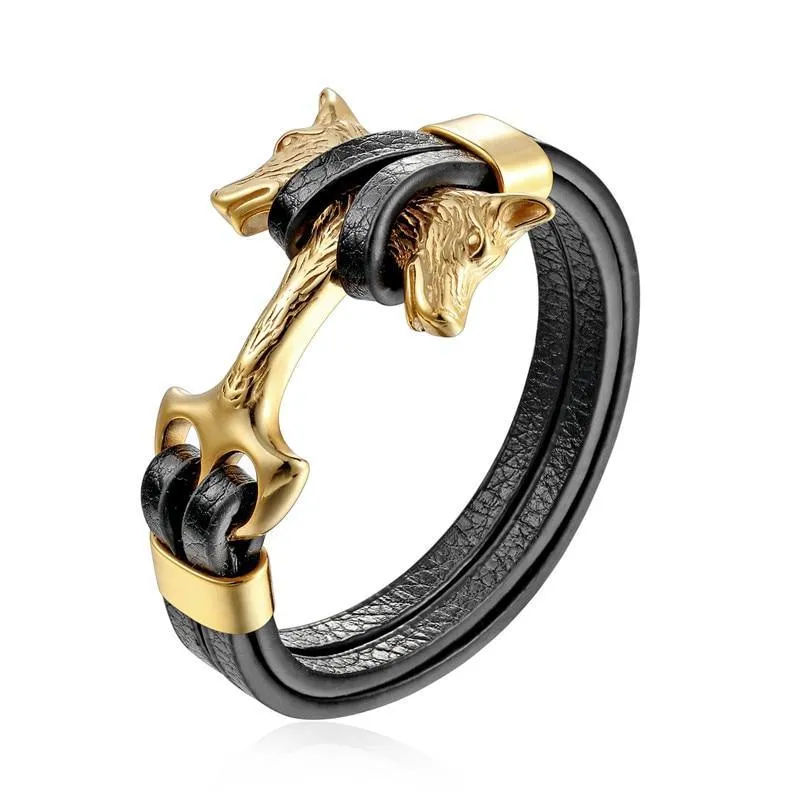 New Amazing Luxury For Men Bracelets Gold Leo Lion Stainless Steel Anchor Shackles Black Leather Elegant Bracelet For Men Wristband Fashion Jewelry
