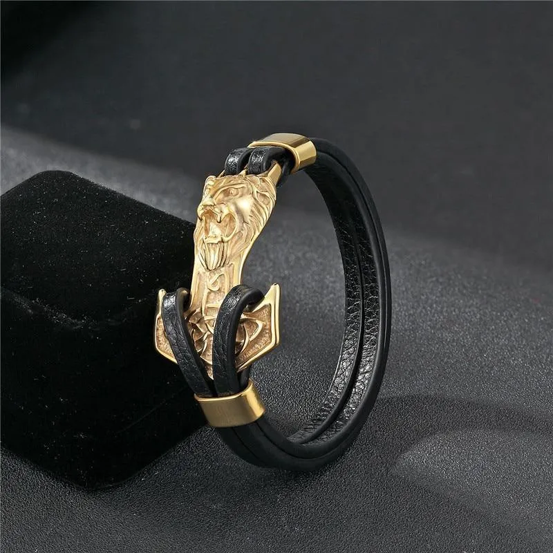 New Amazing Luxury For Men Bracelets Gold Leo Lion Stainless Steel Anchor Shackles Black Leather Elegant Bracelet For Men Wristband Fashion Jewelry