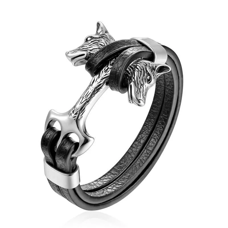 New Amazing Luxury For Men Bracelets Gold Leo Lion Stainless Steel Anchor Shackles Black Leather Elegant Bracelet For Men Wristband Fashion Jewelry