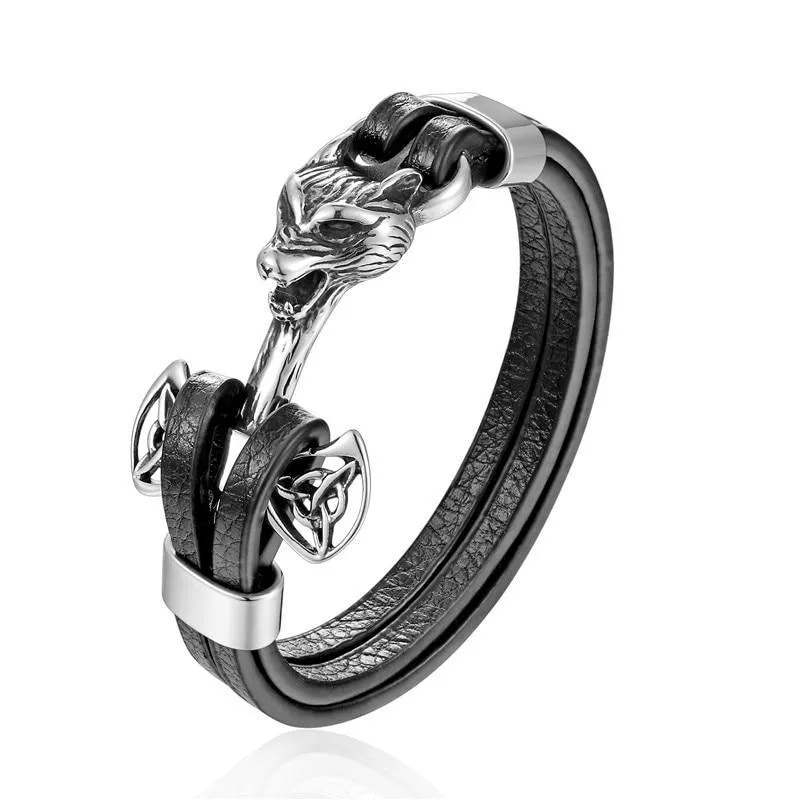 New Amazing Luxury For Men Bracelets Gold Leo Lion Stainless Steel Anchor Shackles Black Leather Elegant Bracelet For Men Wristband Fashion Jewelry