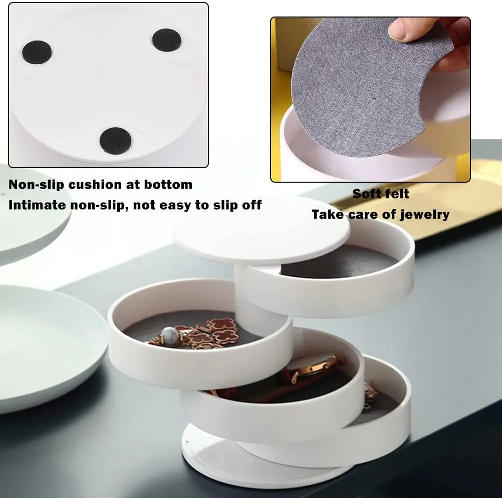New BUYGOO Jewelry Storage Box 4-Layer, Round Jewellery Storage Organiser 360 Degree Rotating, Portable Jewelry Accessory Storage box for Female’s Earrings Necklaces Rings Bracelets Hair Rope Hairpin