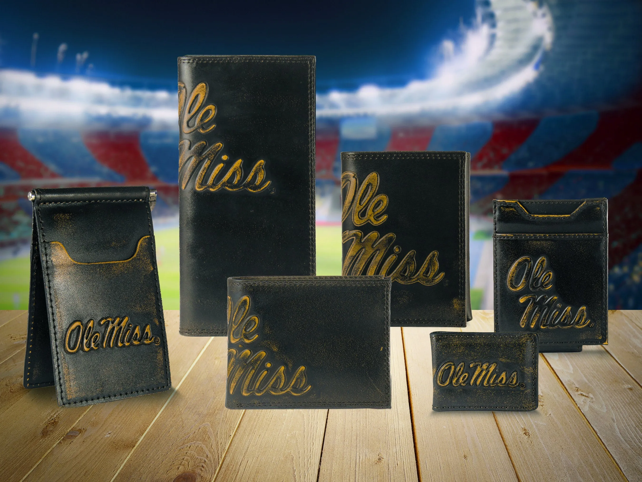 Ole Miss Rebels Men's Collegiate Valet Tray, Catch-all, Desk Organizer, Nightstand Tray. Brown Burnished Full Grain Leather Finish.