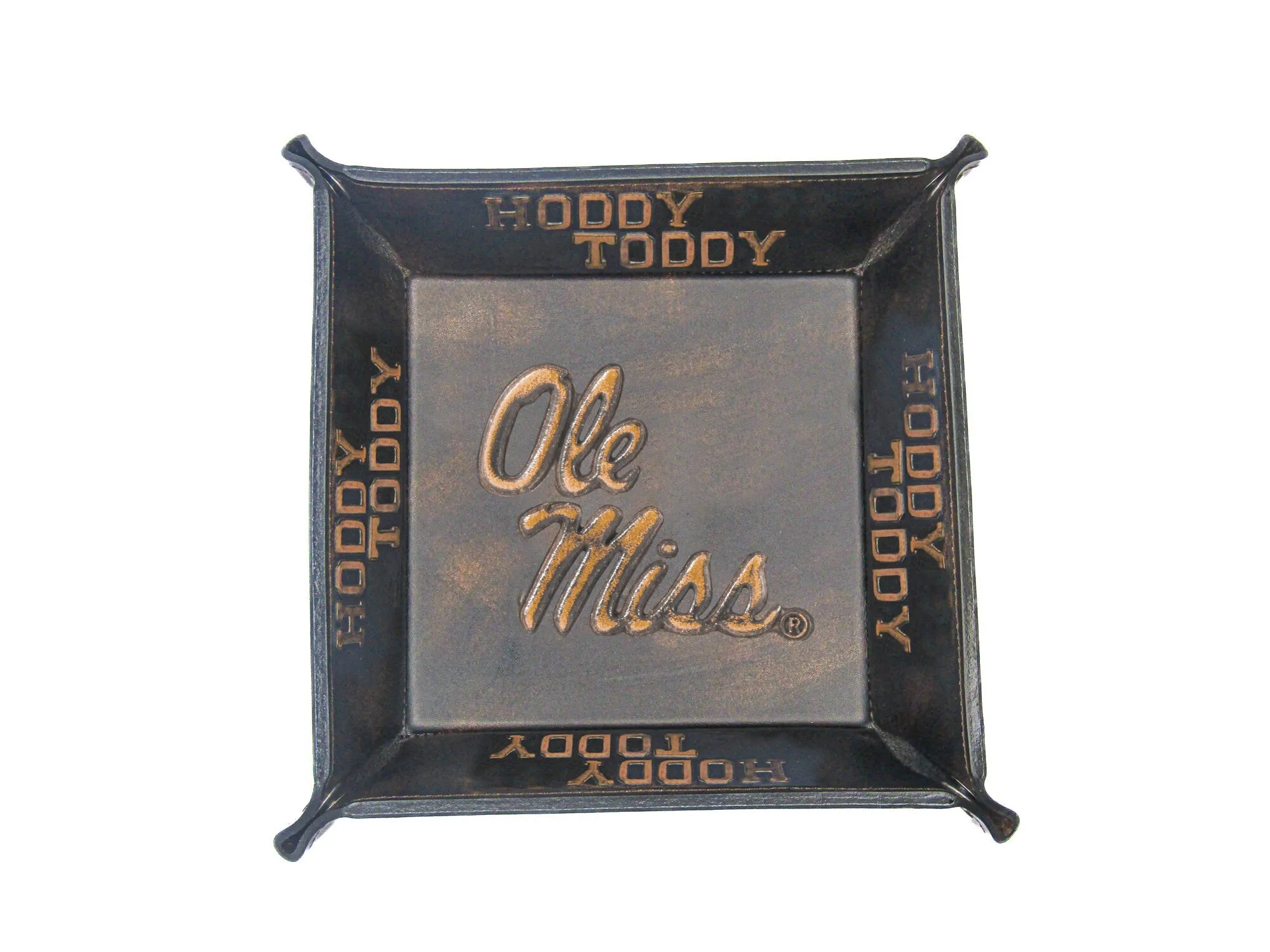 Ole Miss Rebels Men's Collegiate Valet Tray, Catch-all, Desk Organizer, Nightstand Tray. Brown Burnished Full Grain Leather Finish.