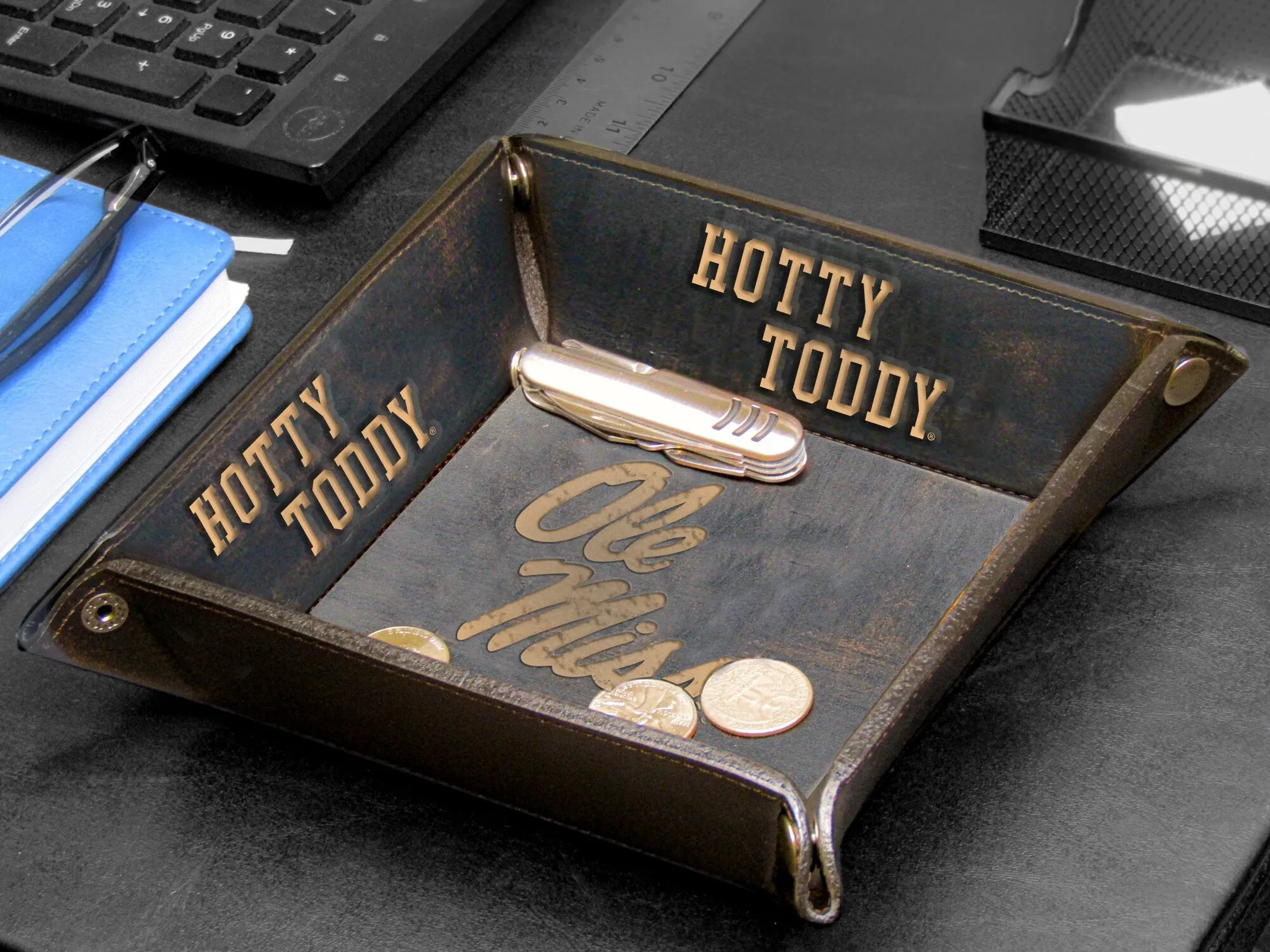 Ole Miss Rebels Men's Collegiate Valet Tray, Catch-all, Desk Organizer, Nightstand Tray. Brown Burnished Full Grain Leather Finish.