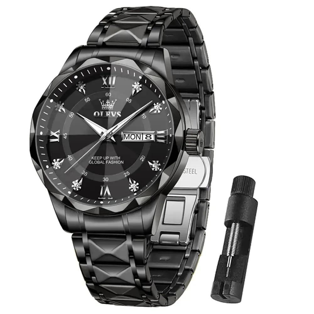 OLEVS Watch for Men Diamond Luxury Dress Classic Analog Big Wrist Large Face Business Fashion Elegant Casual Black Stainless Steel Water Resistant Quartz Men Black Watches