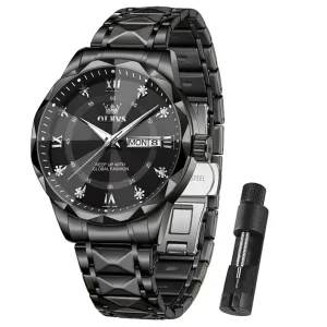 OLEVS Watch for Men Diamond Luxury Dress Classic Analog Big Wrist Large Face Business Fashion Elegant Casual Black Stainless Steel Water Resistant Quartz Men Black Watches