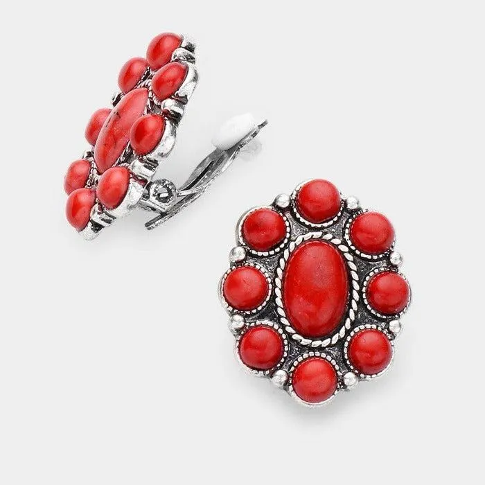Oval Red Natural Stone Clip On Earrings
