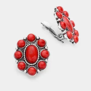 Oval Red Natural Stone Clip On Earrings
