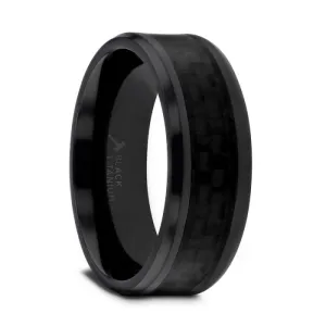 OXYN Black Titanium Polished Beveled Edges Black Carbon Fiber Inlaid Men’s Wedding Band - 6mm & 8mm