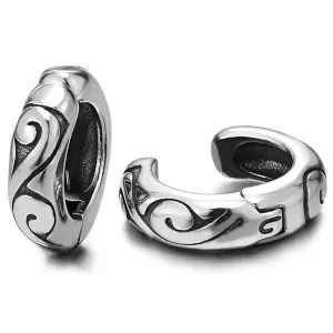 Pair Men Women Steel Huggie Hinged Hoop Earrings with Swirl Waves, Non-piercing Clip on Earrings