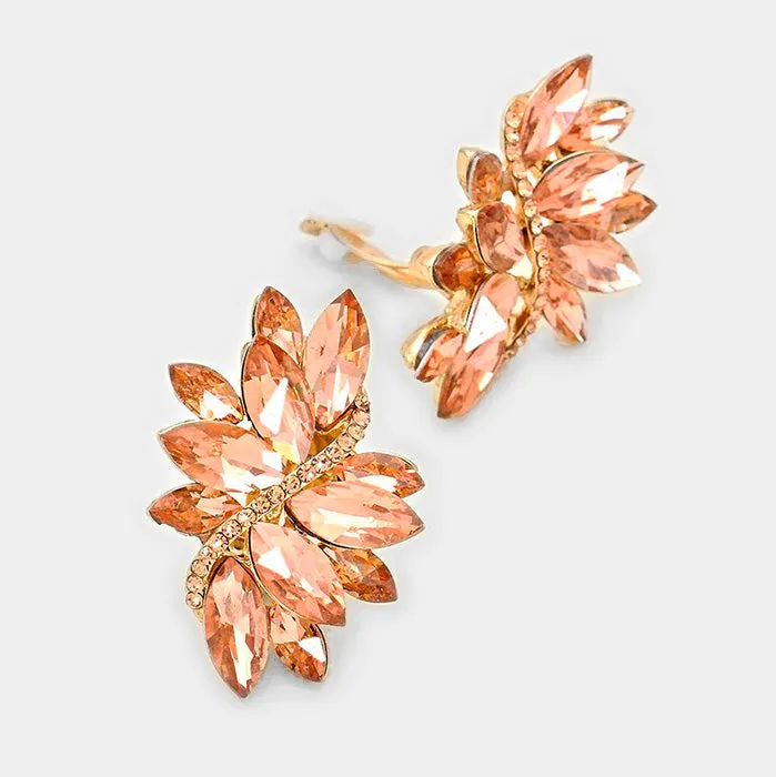 Peach Crystal Rhinestone Earrings on Gold | Clip On | 297151