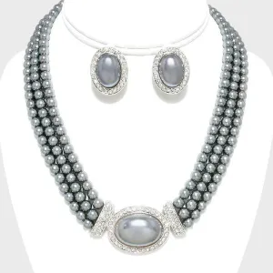 Pearl (faux) Gray Necklace & Clip-On Earrings Set