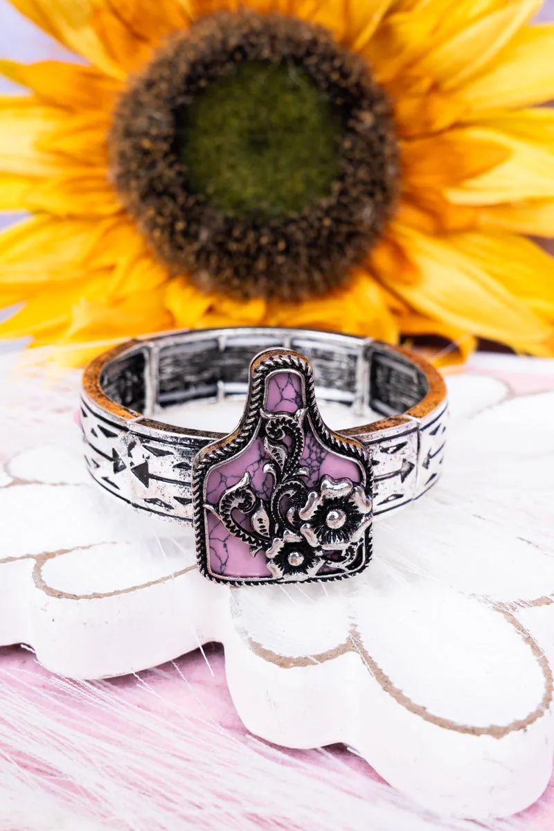 Pink Floral Cattle Tag  Stretch Bracelet