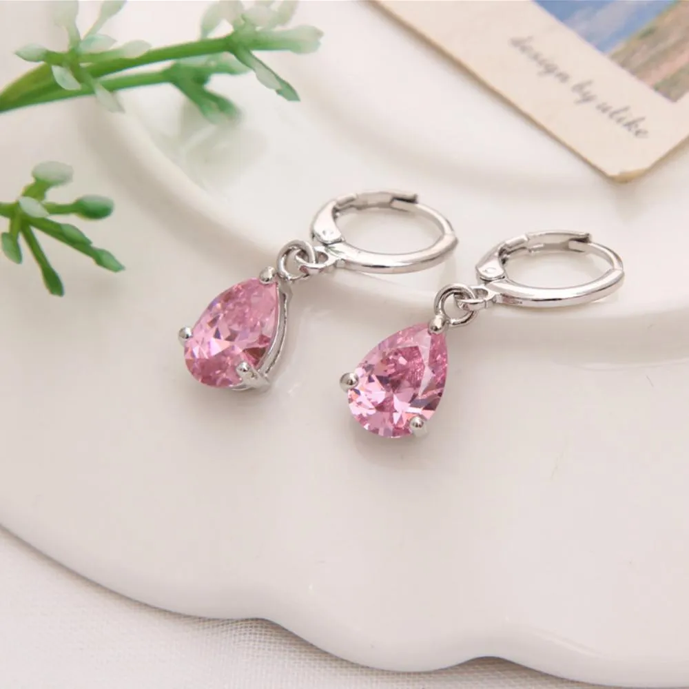 Pink Pear Cut Dangling Earrings in 14K White Gold - Hypoallergenic & Comfort Fit Jewelry