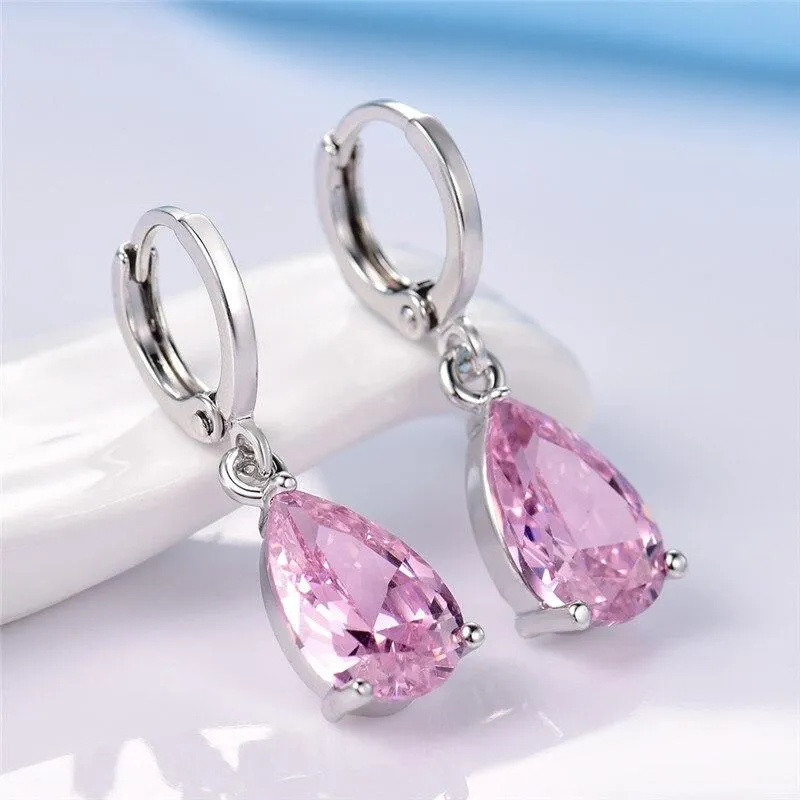 Pink Pear Cut Dangling Earrings in 14K White Gold - Hypoallergenic & Comfort Fit Jewelry