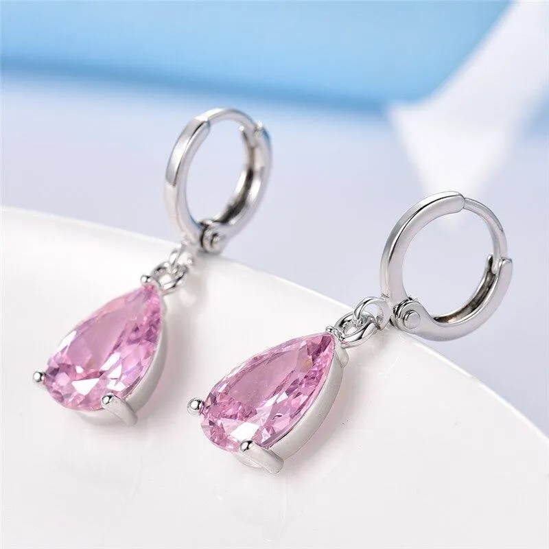 Pink Pear Cut Dangling Earrings in 14K White Gold - Hypoallergenic & Comfort Fit Jewelry
