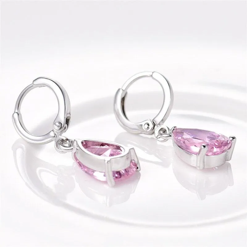 Pink Pear Cut Dangling Earrings in 14K White Gold - Hypoallergenic & Comfort Fit Jewelry