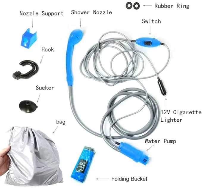 Portable Handheld Outdoor Camping Shower with Collapsible 5 Gallon Bucket(20L),Compact Pressure Shower Head Pump with 12V Car Cigarette Adapter for Camping,Hiking,Car washing