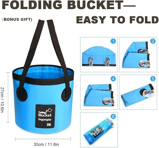 Portable Handheld Outdoor Camping Shower with Collapsible 5 Gallon Bucket(20L),Compact Pressure Shower Head Pump with 12V Car Cigarette Adapter for Camping,Hiking,Car washing