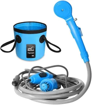 Portable Handheld Outdoor Camping Shower with Collapsible 5 Gallon Bucket(20L),Compact Pressure Shower Head Pump with 12V Car Cigarette Adapter for Camping,Hiking,Car washing