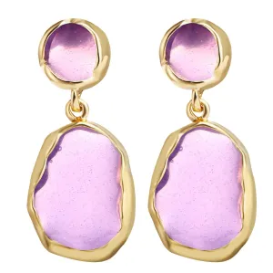 Purple Glass Stone Drop Earrings - 18K Gold Plated, Hypoallergenic, Made in Italy